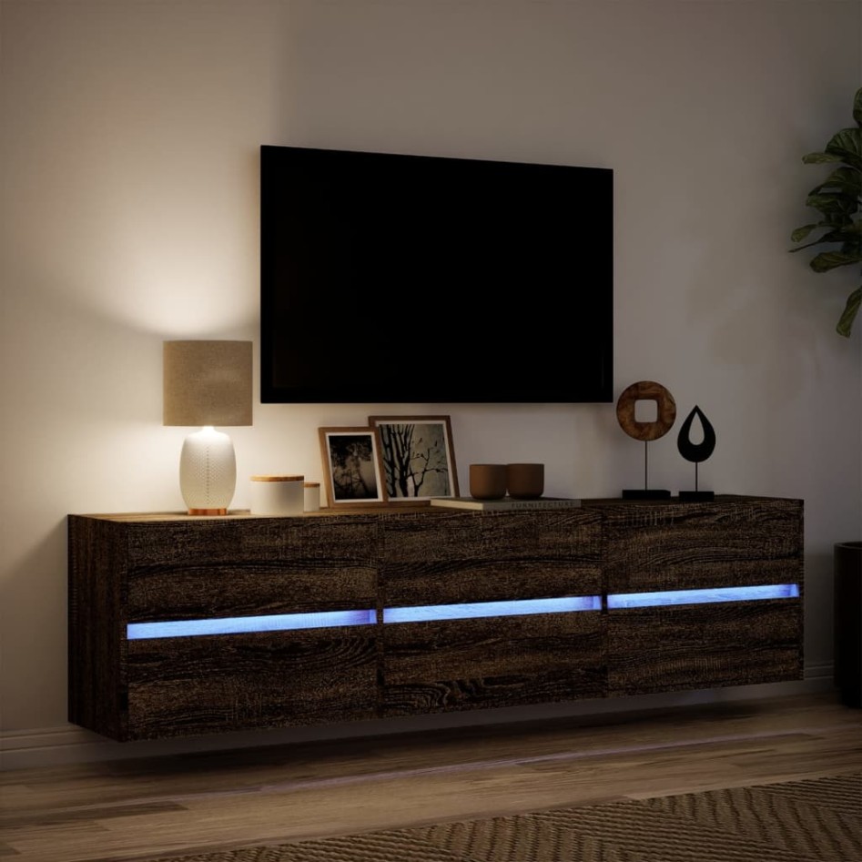 Mueble de TV de pared con LED marrón roble 180x31x45