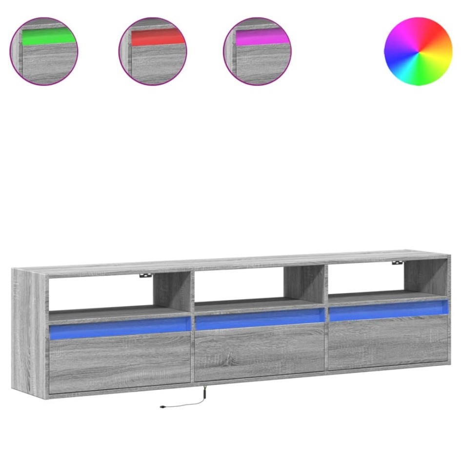 Mueble de TV de pared con LED gris Sonoma 180x31x45