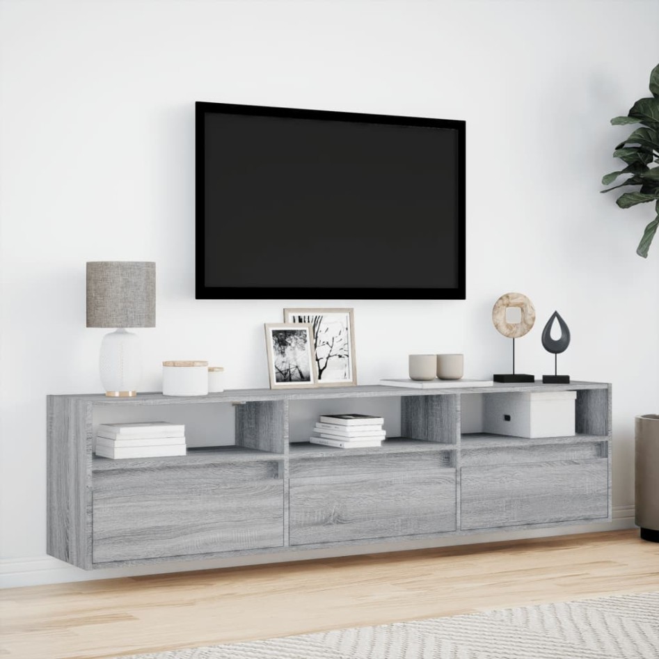 Mueble de TV de pared con LED gris Sonoma 180x31x45