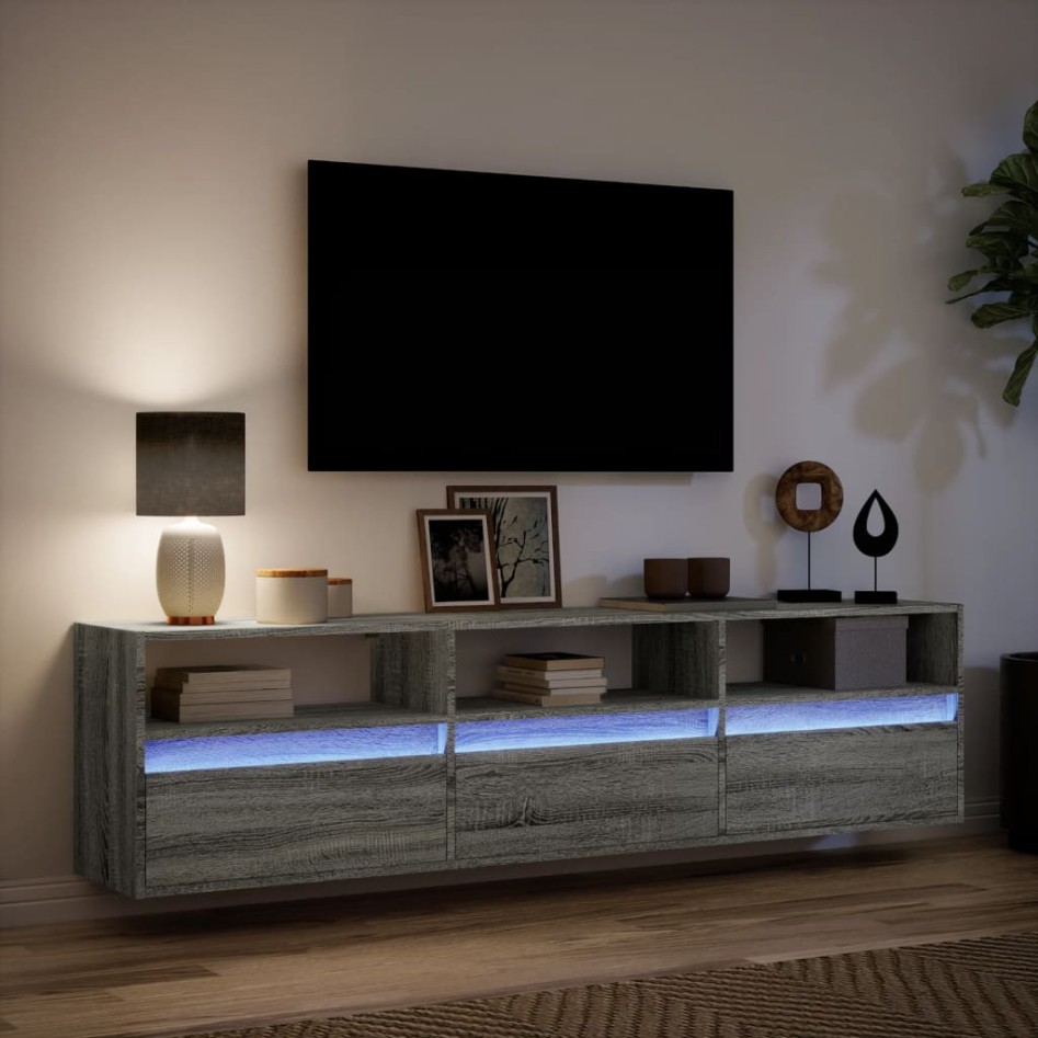 Mueble de TV de pared con LED gris Sonoma 180x31x45