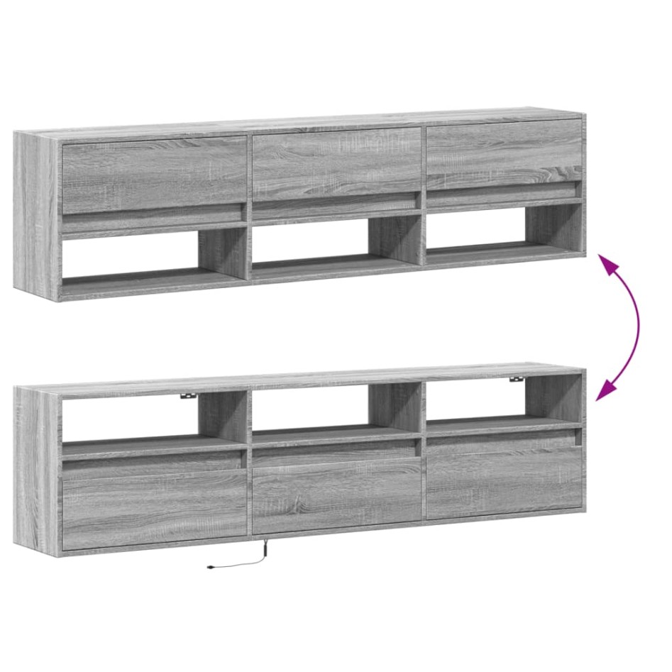 Mueble de TV de pared con LED gris Sonoma 180x31x45
