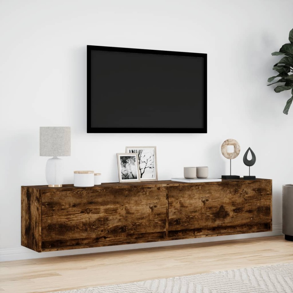 Mueble de TV de pared con LED roble ahumado 180x31x38