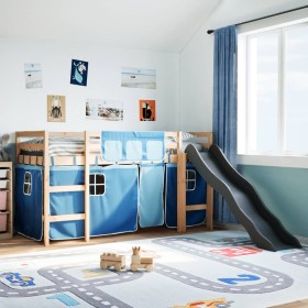 Cama alta para niños con cortinas madera pino azul 80x200