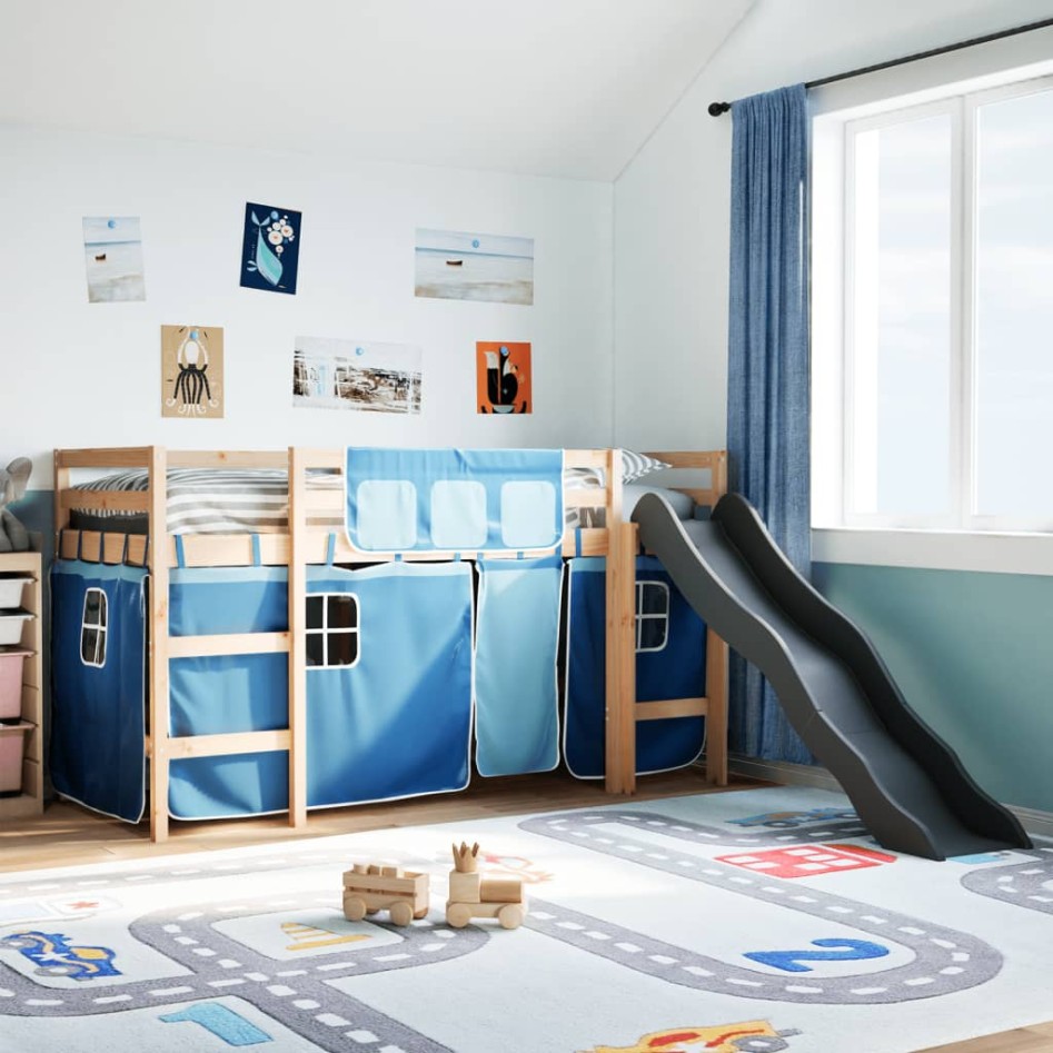 Cama alta para niños con cortinas madera pino azul 80x200