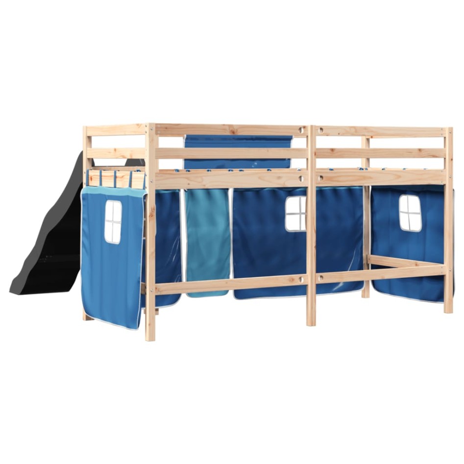 Cama alta para niños con cortinas madera pino azul 80x200