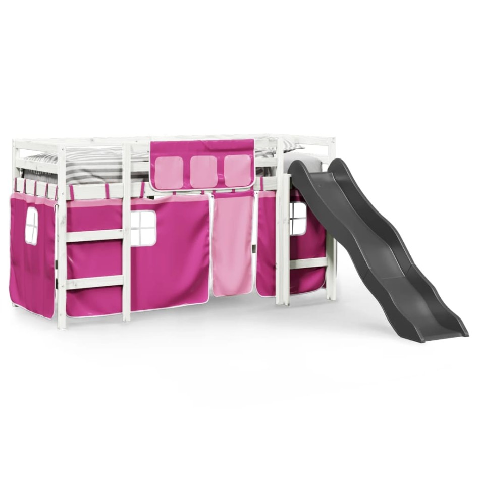 Cama alta para niños con cortinas madera pino rosa 80x200