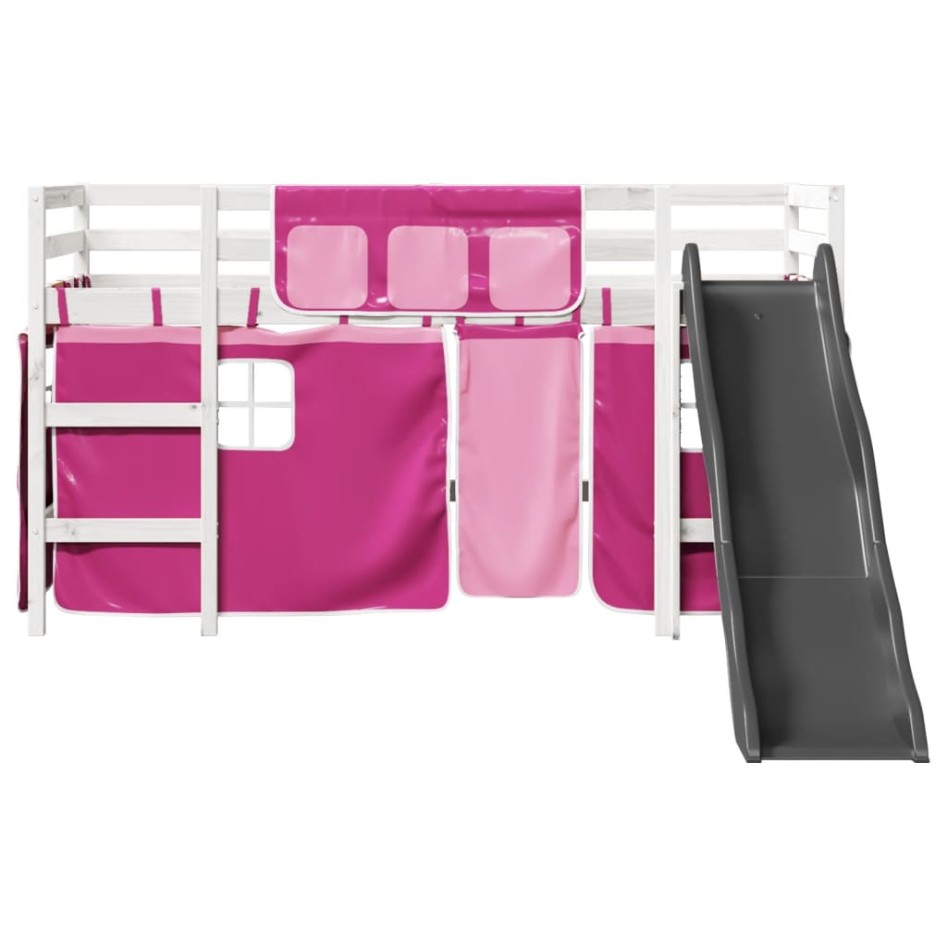 Cama alta para niños con cortinas madera pino rosa 90x200