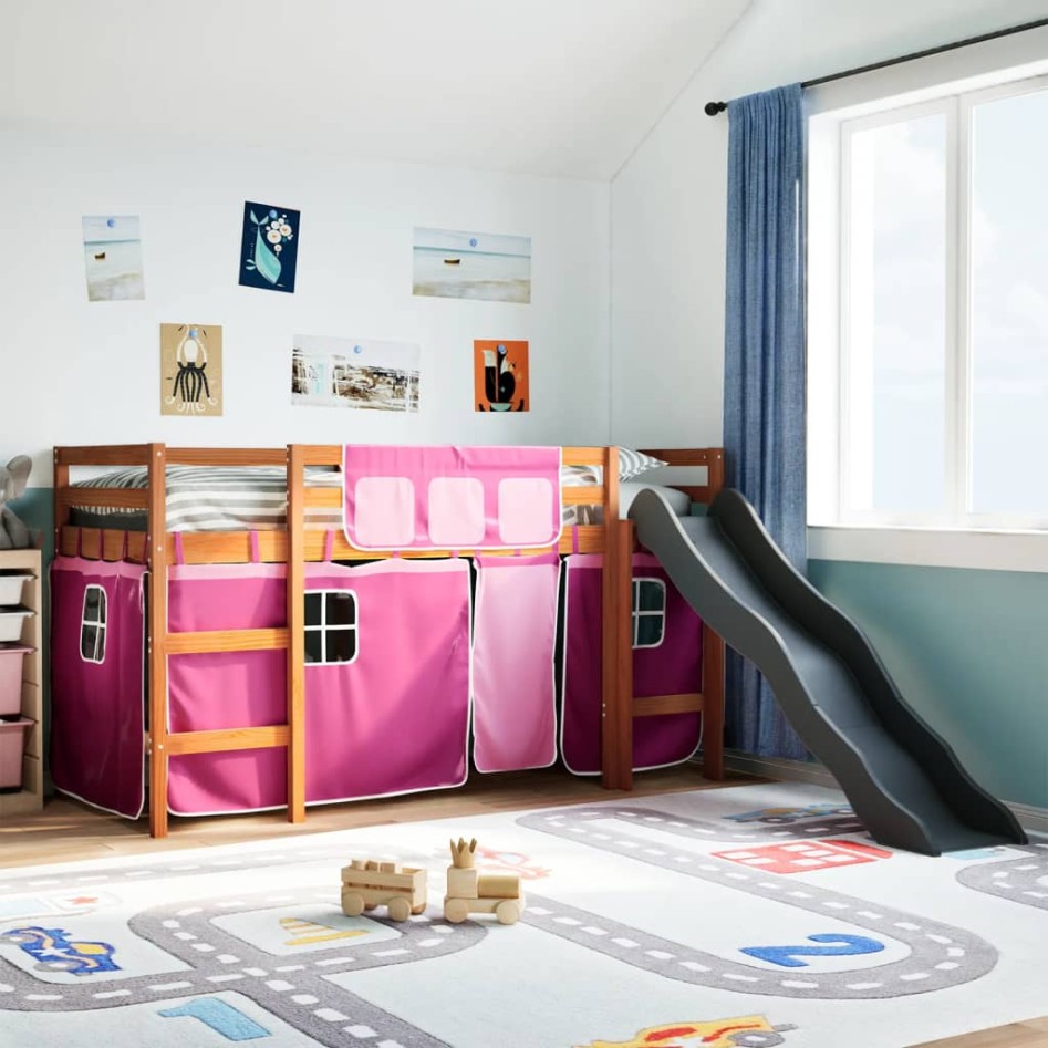 Cama alta para niños con cortinas madera pino rosa 90x190