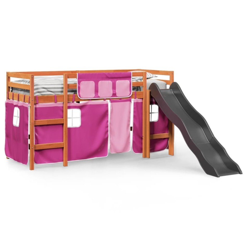 Cama alta para niños con cortinas madera pino rosa 90x190