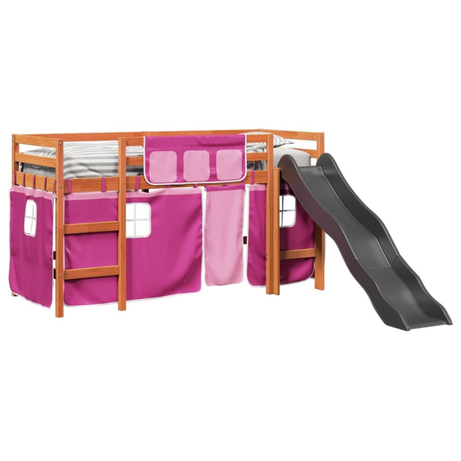 Cama alta para niños con cortinas madera pino rosa 90x190