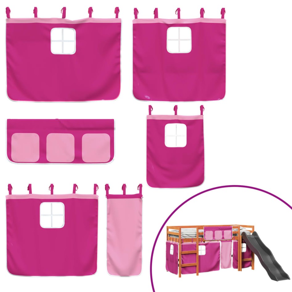 Cama alta para niños con cortinas madera pino rosa 90x190