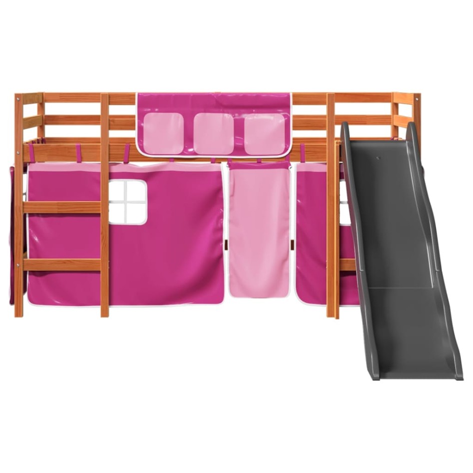 Cama alta para niños con cortinas madera pino rosa 90x190