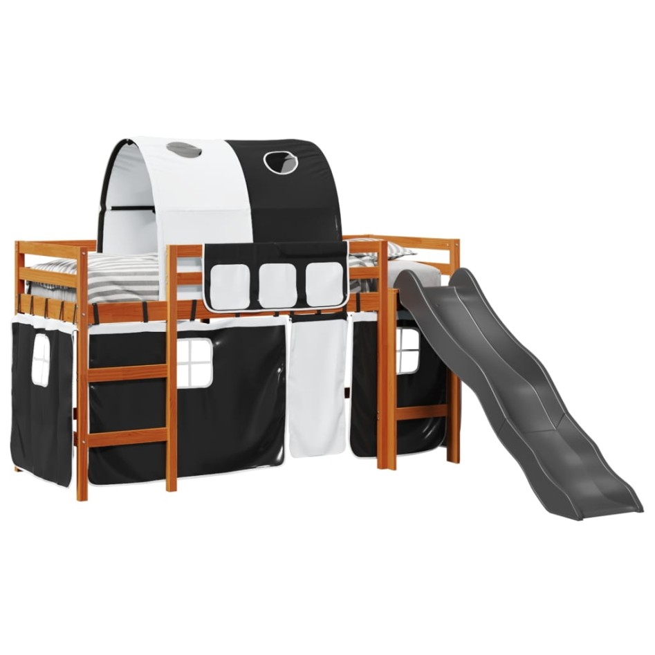 Cama alta niños con túnel madera pino blanco negro 80x200