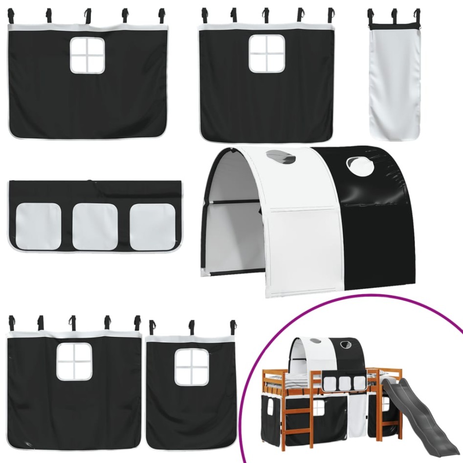 Cama alta niños con túnel madera pino blanco negro 80x200