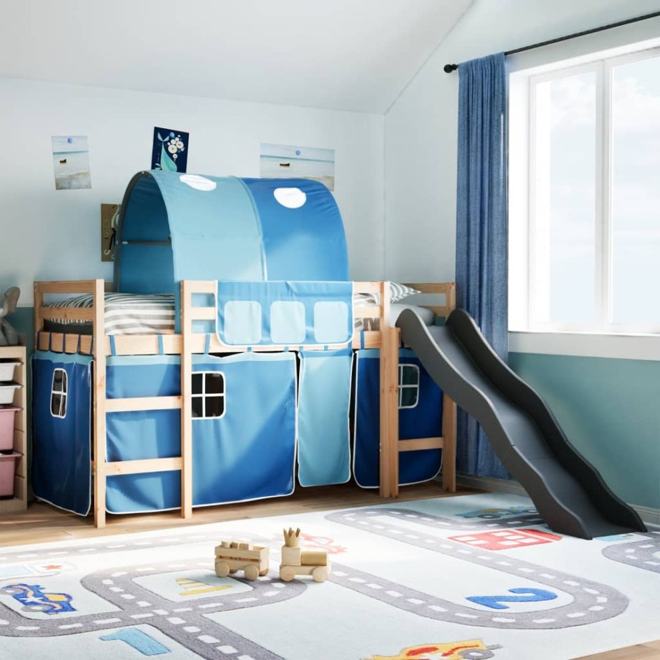 Cama alta para niños con túnel madera pino azul 80x200
