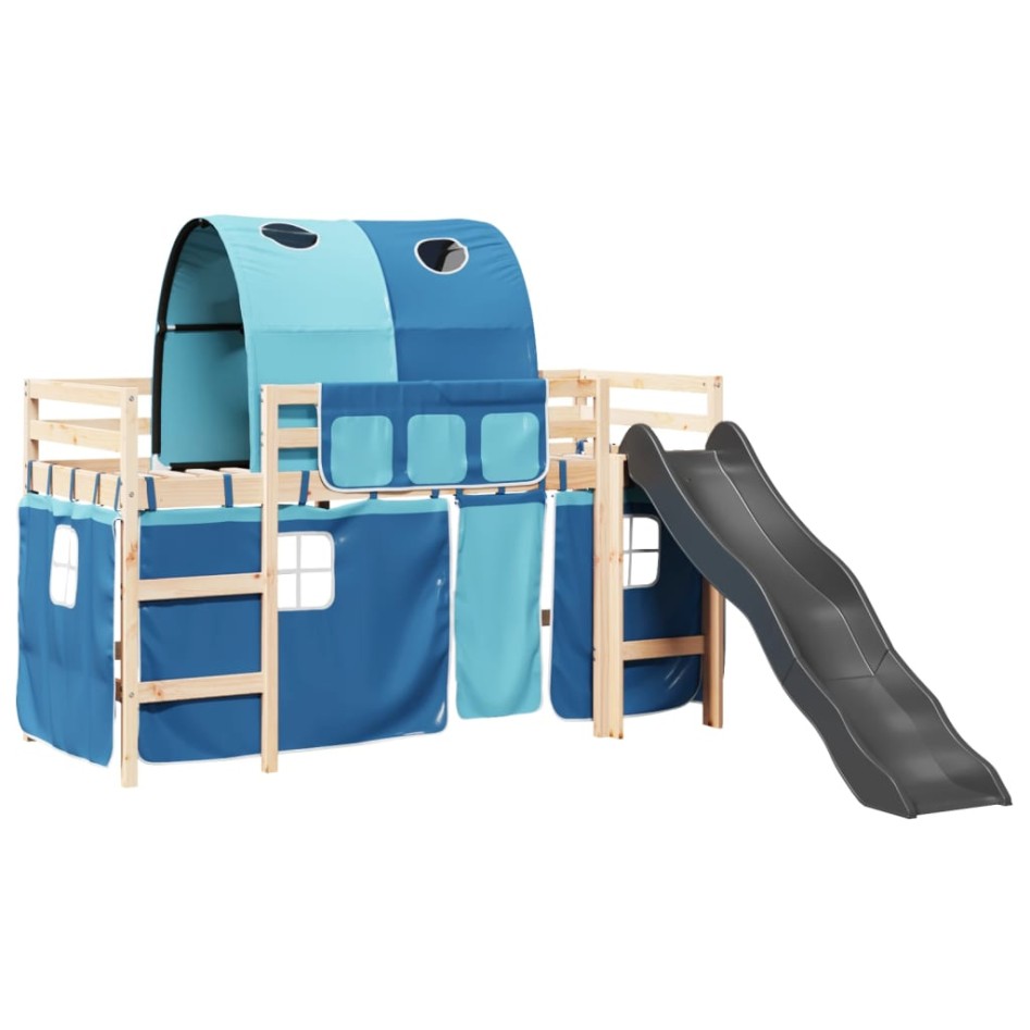 Cama alta para niños con túnel madera pino azul 80x200