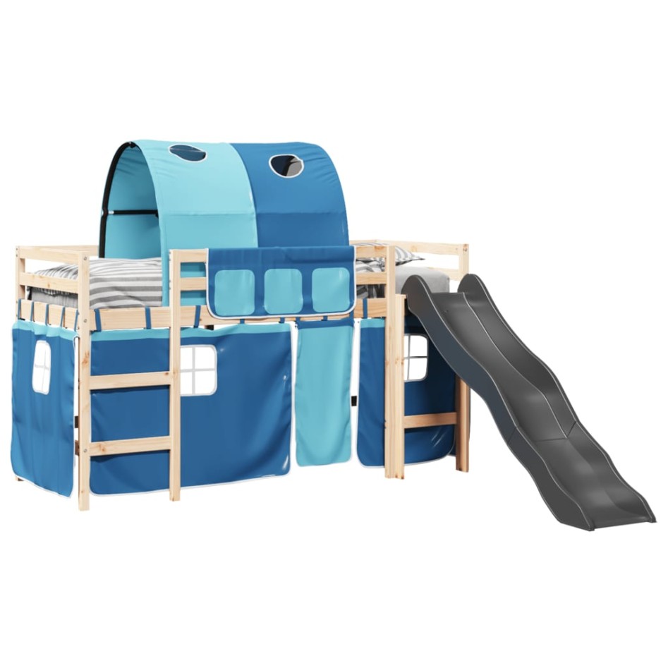 Cama alta para niños con túnel madera pino azul 80x200