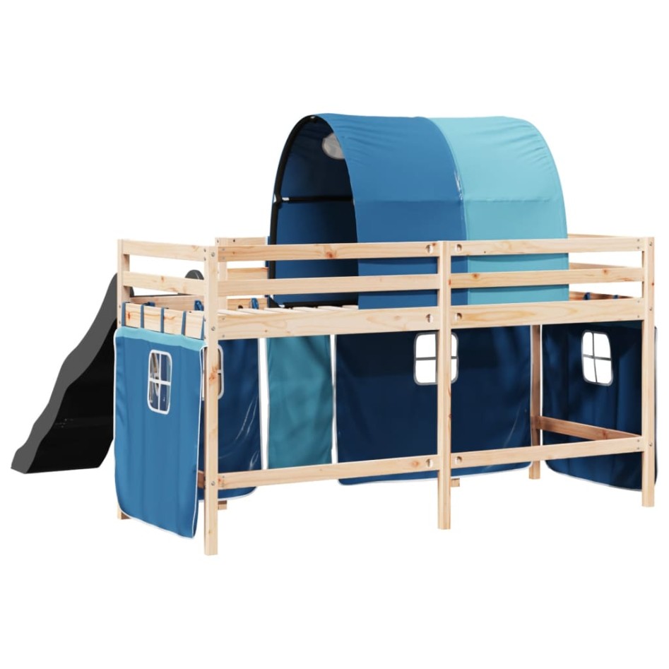 Cama alta para niños con túnel madera pino azul 80x200