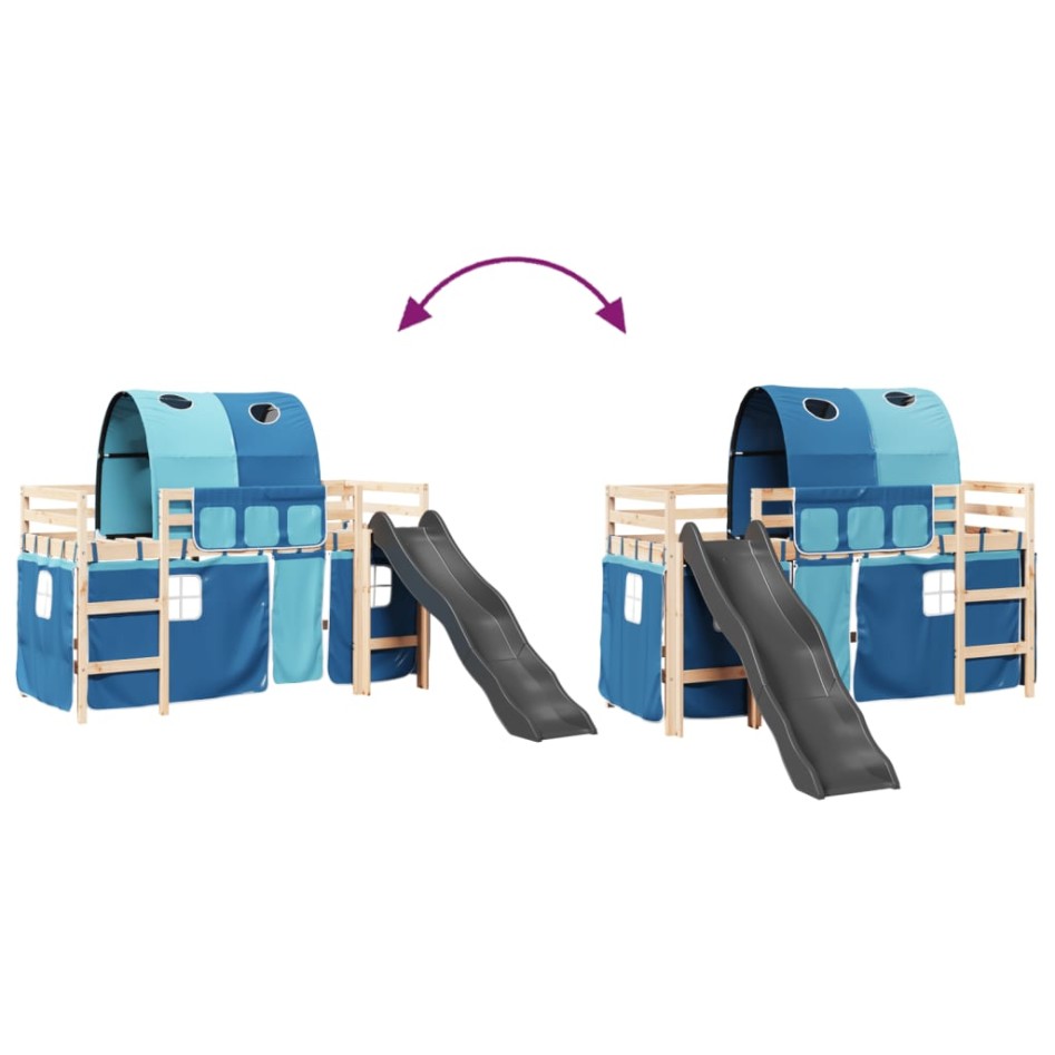 Cama alta para niños con túnel madera pino azul 80x200