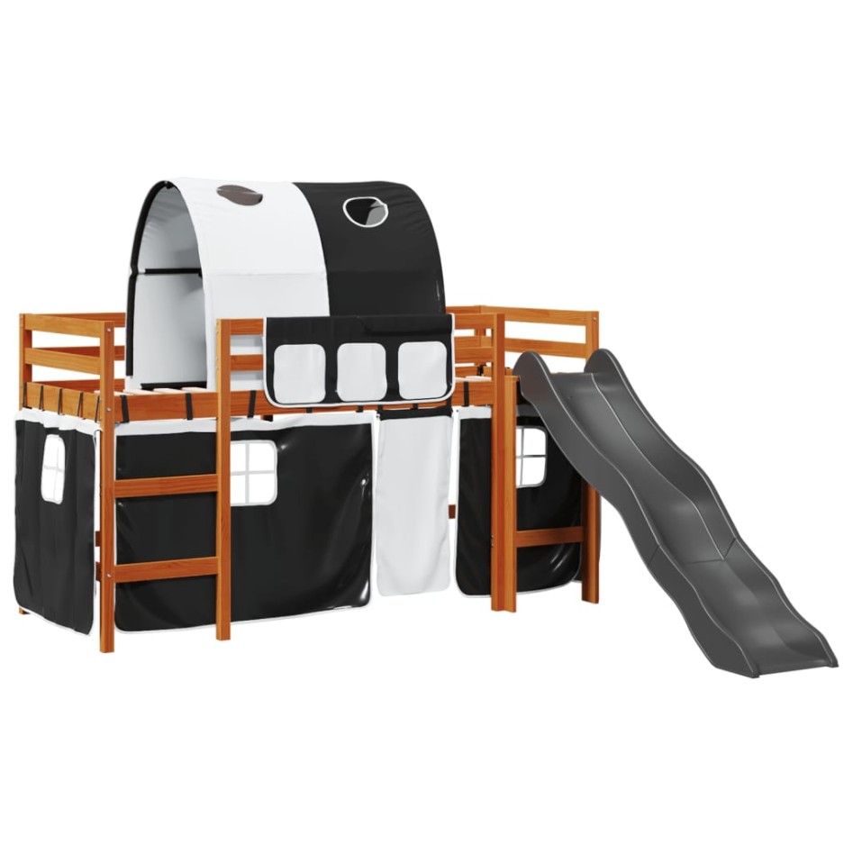 Cama alta niños con túnel madera pino blanco negro 90x190
