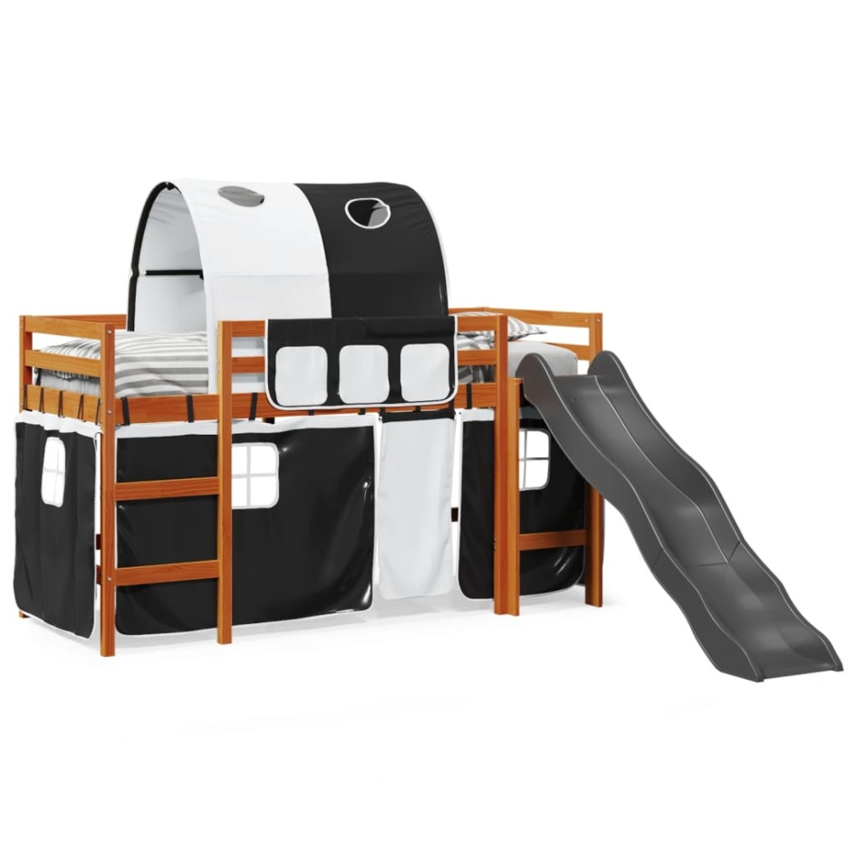 Cama alta niños con túnel madera pino blanco negro 90x190