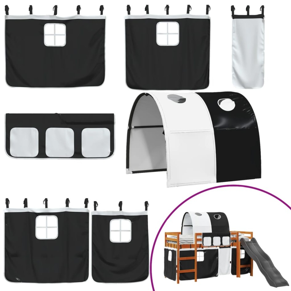 Cama alta niños con túnel madera pino blanco negro 90x190