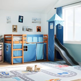 Cama alta para niños con torre madera pino azul 90x200