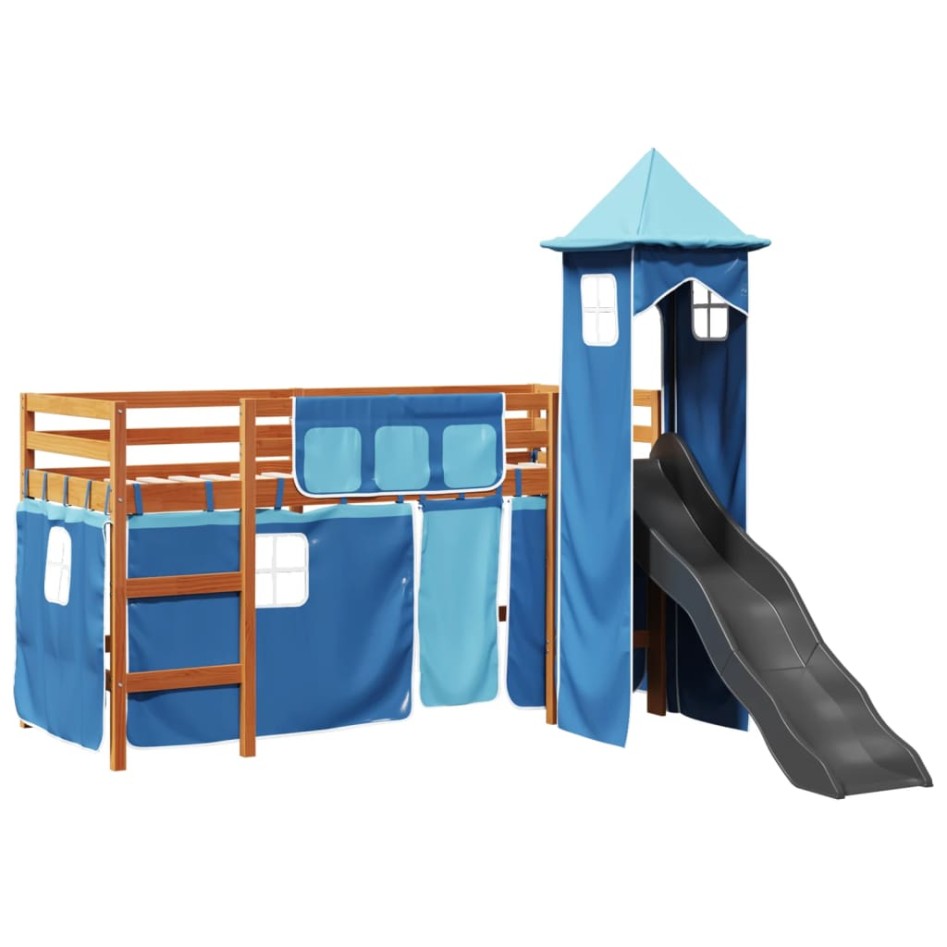 Cama alta para niños con torre madera pino azul 90x200