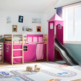 Cama alta para niños con torre madera pino rosa 80x200