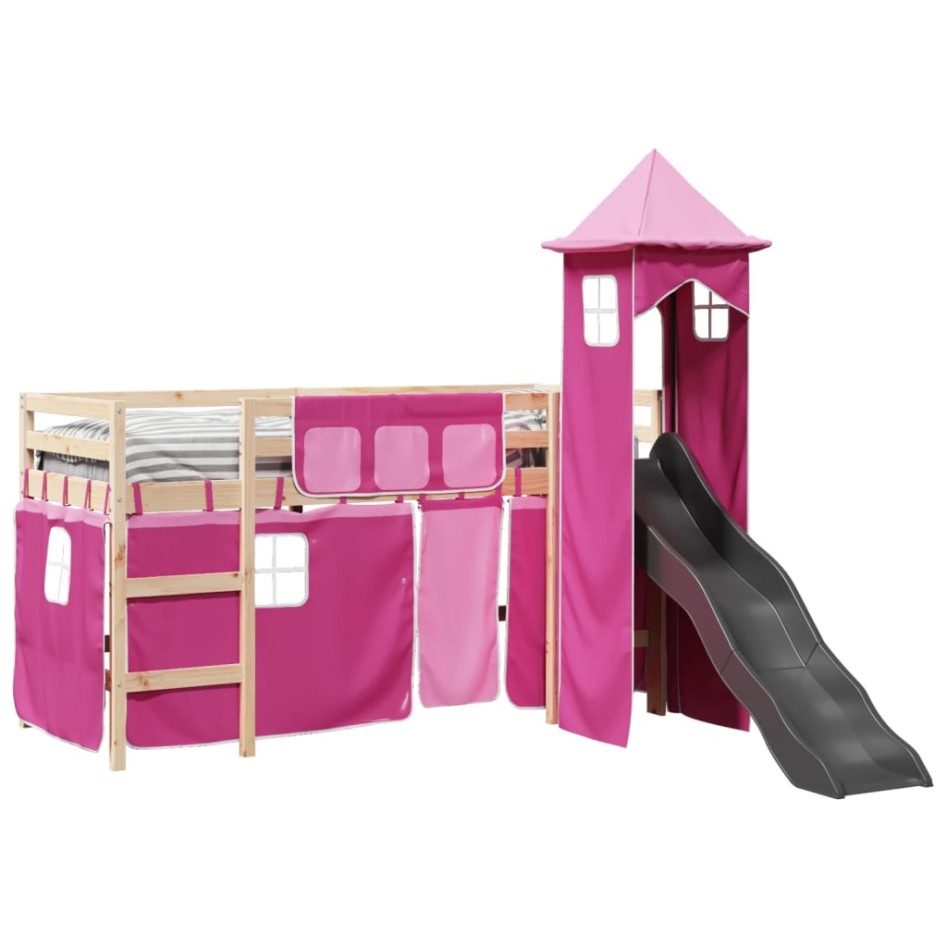 Cama alta para niños con torre madera pino rosa 80x200