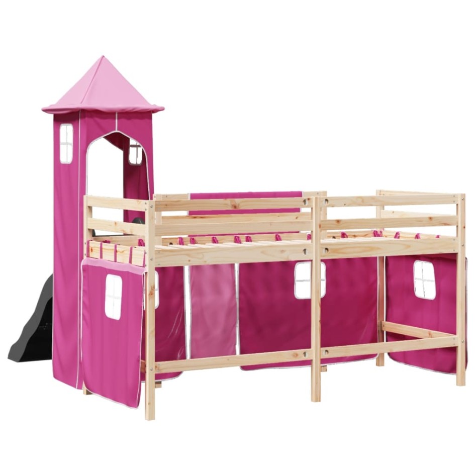Cama alta para niños con torre madera pino rosa 80x200