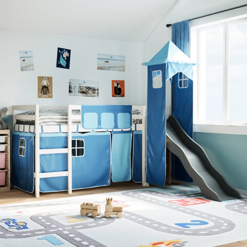 Cama alta para niños con torre madera pino azul 80x200