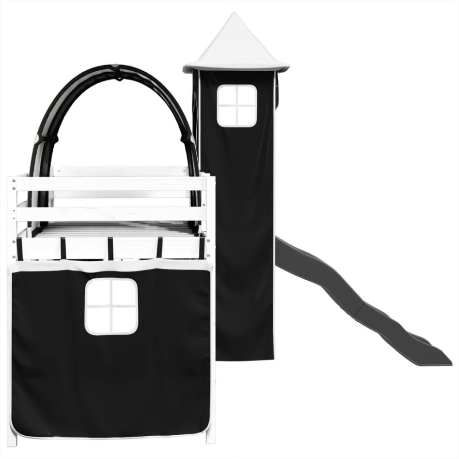 Cama alta niños con torre madera pino blanco negro 80x200