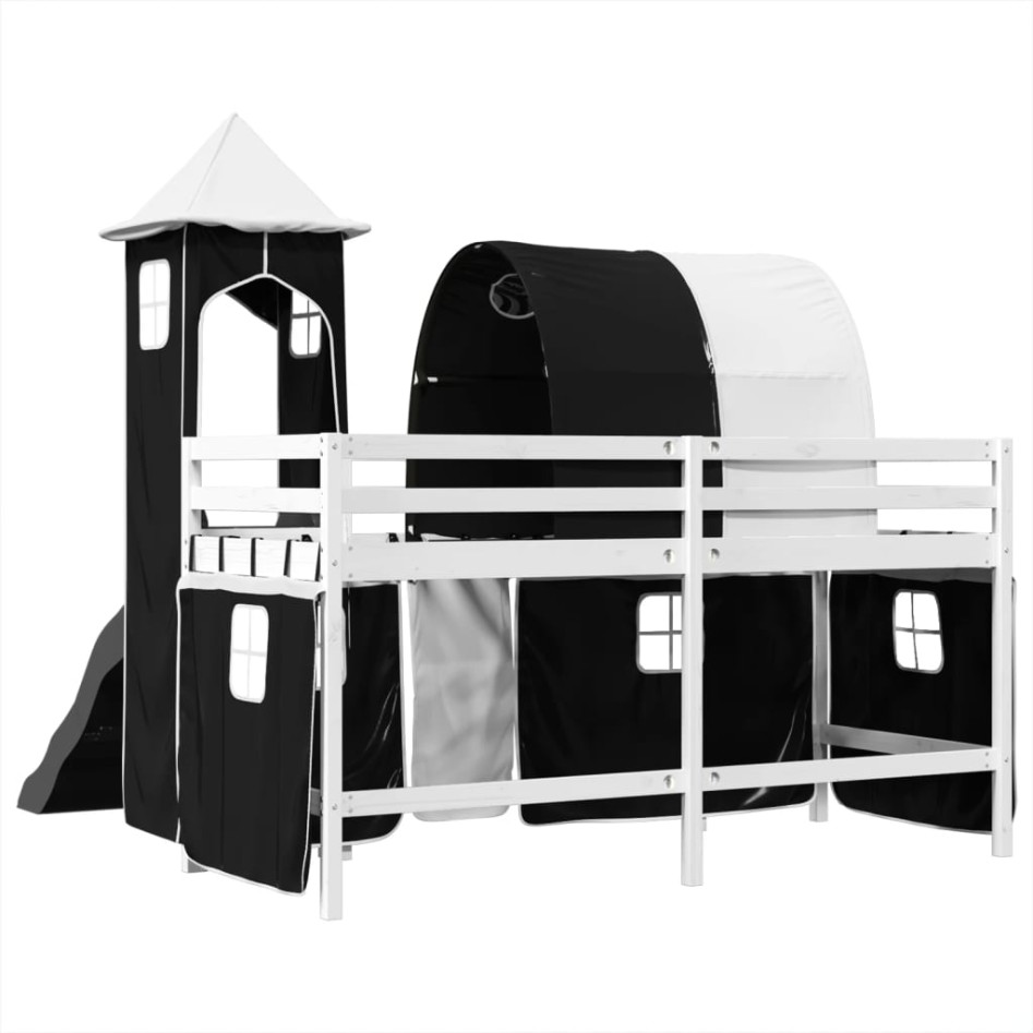 Cama alta niños con torre madera pino blanco negro 80x200