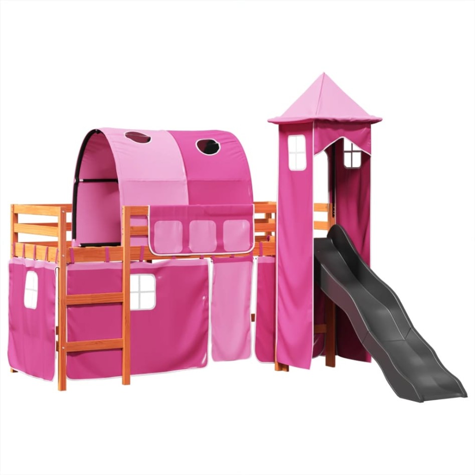 Cama alta para niños con torre madera pino rosa 80x200