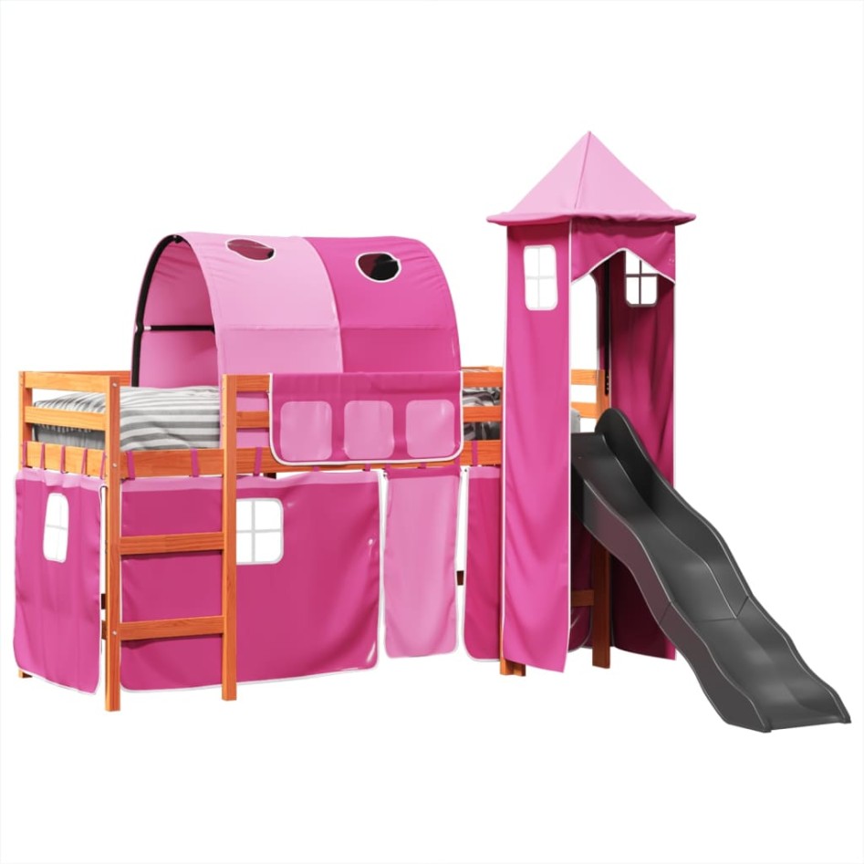 Cama alta para niños con torre madera pino rosa 80x200