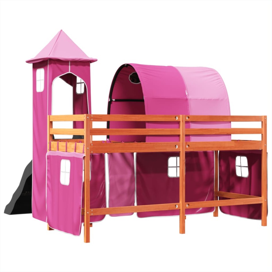 Cama alta para niños con torre madera pino rosa 80x200