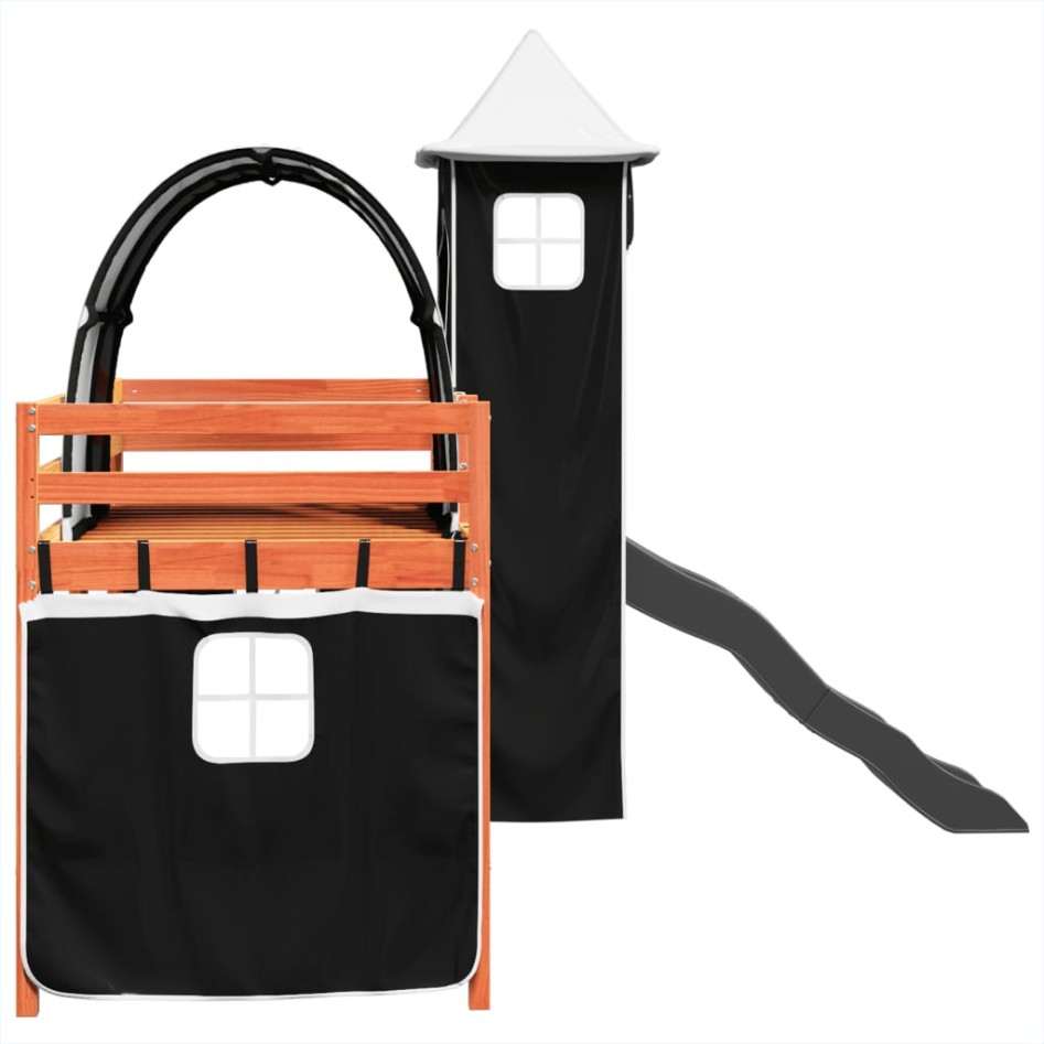 Cama alta niños con torre madera pino blanco negro 90x200