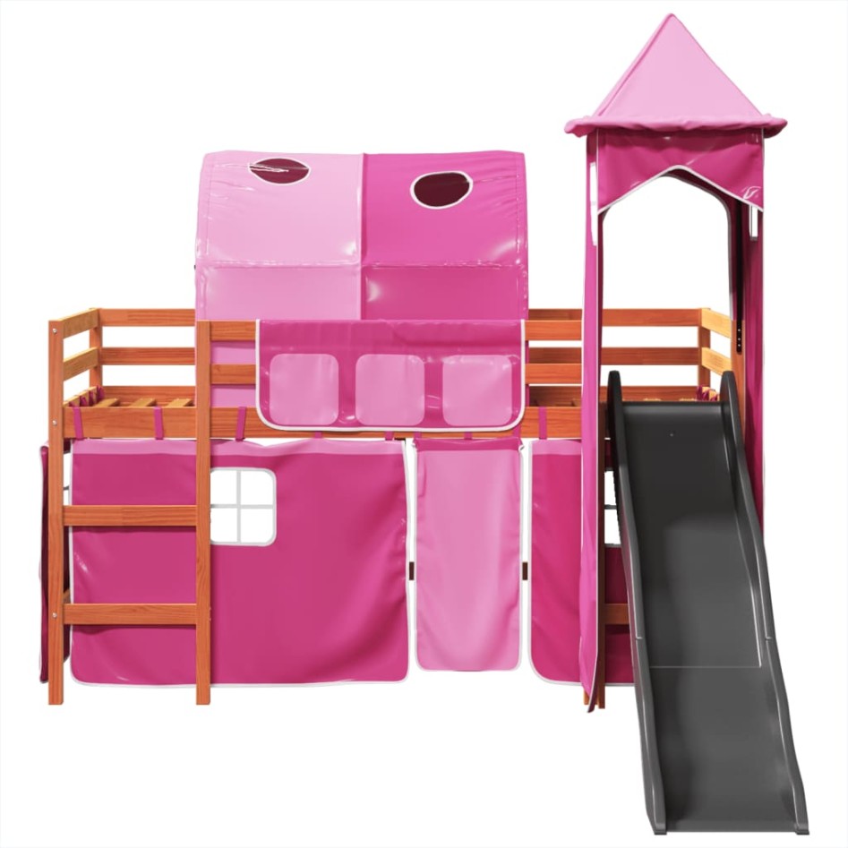Cama alta para niños con torre madera pino rosa 90x200
