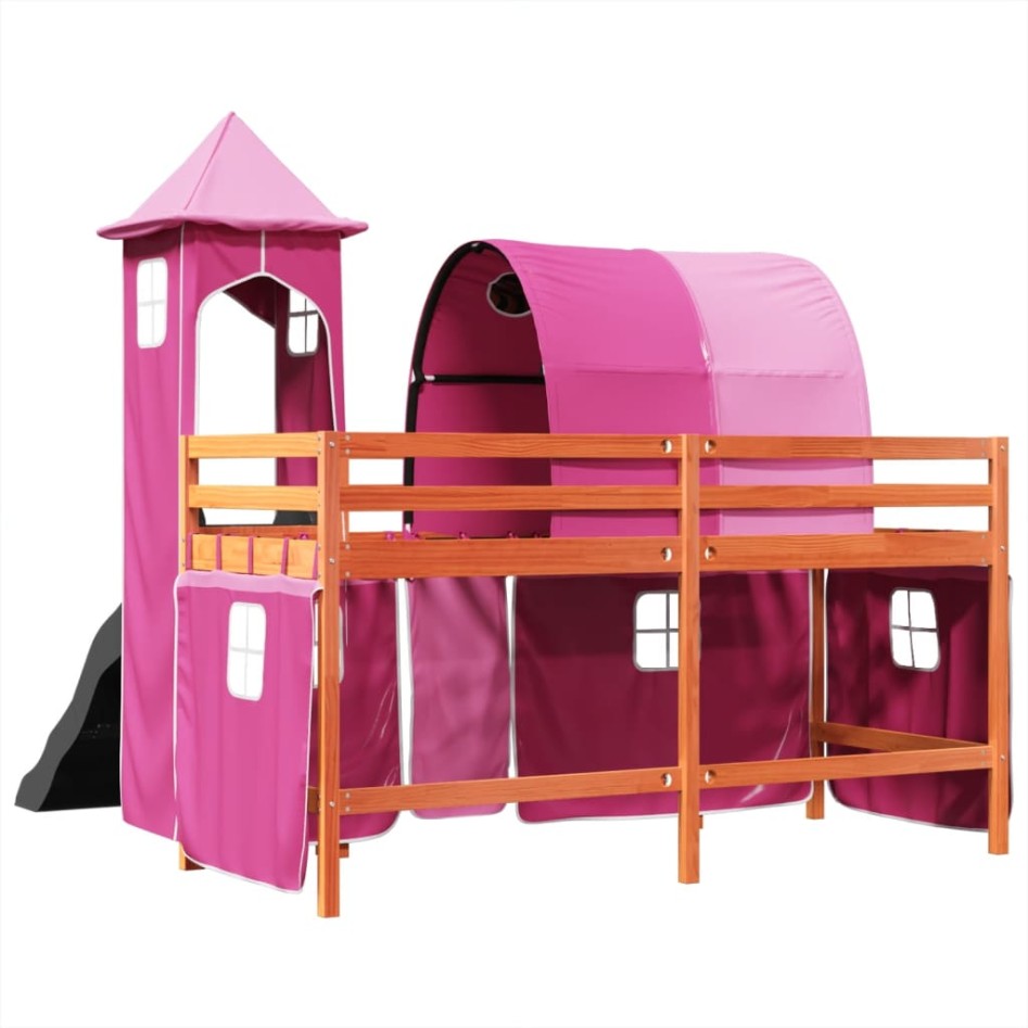 Cama alta para niños con torre madera pino rosa 90x200