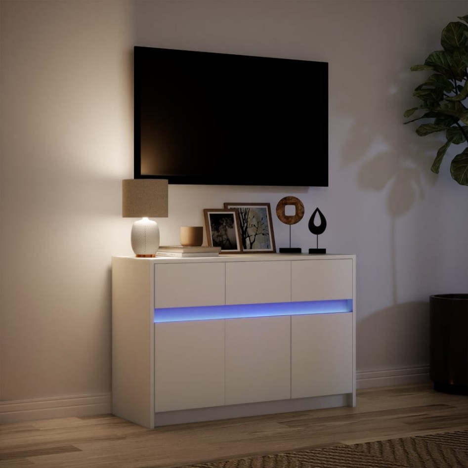 Mueble de TV con LED madera de ingeniería blanco 91x34x61