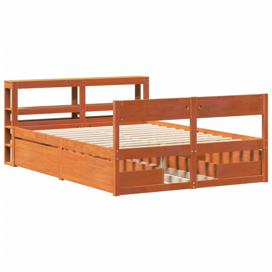 Cama sin colchón madera maciza de pino marrón cera 160x200