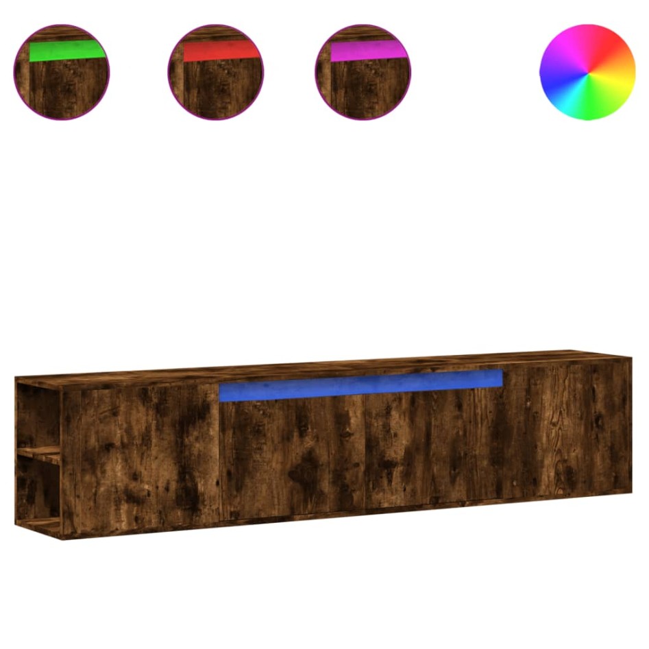 Mueble de TV de pared con luz LED roble ahumado 180x31x39,5