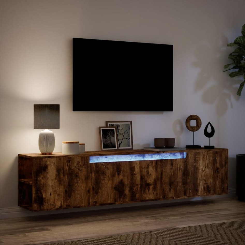 Mueble de TV de pared con luz LED roble ahumado 180x31x39,5