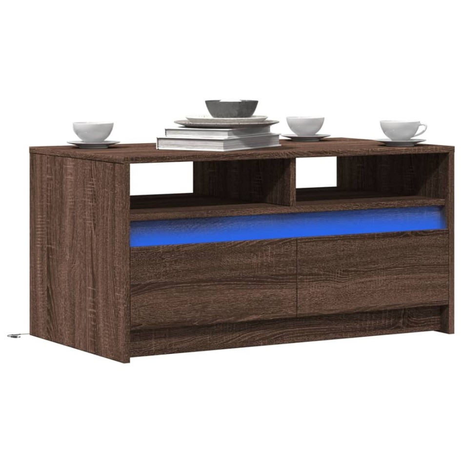 Mesa de centro con luces LED madera de ingeniería marrón