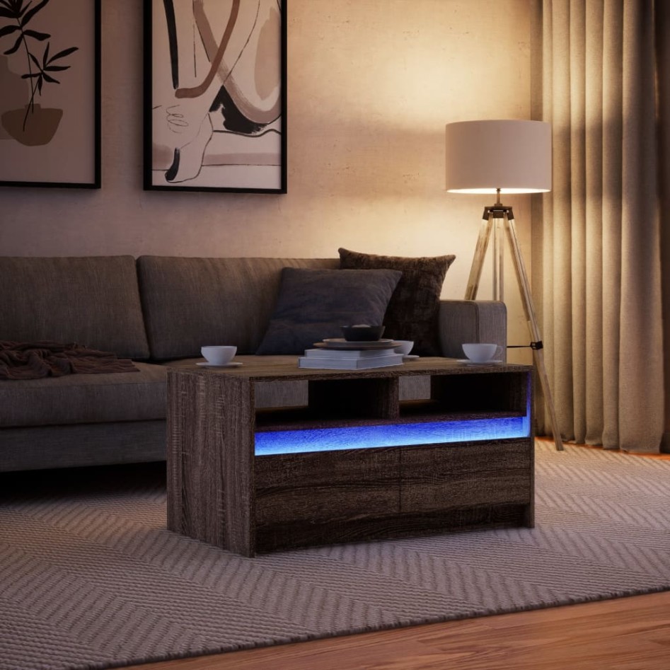 Mesa de centro con luces LED madera de ingeniería marrón