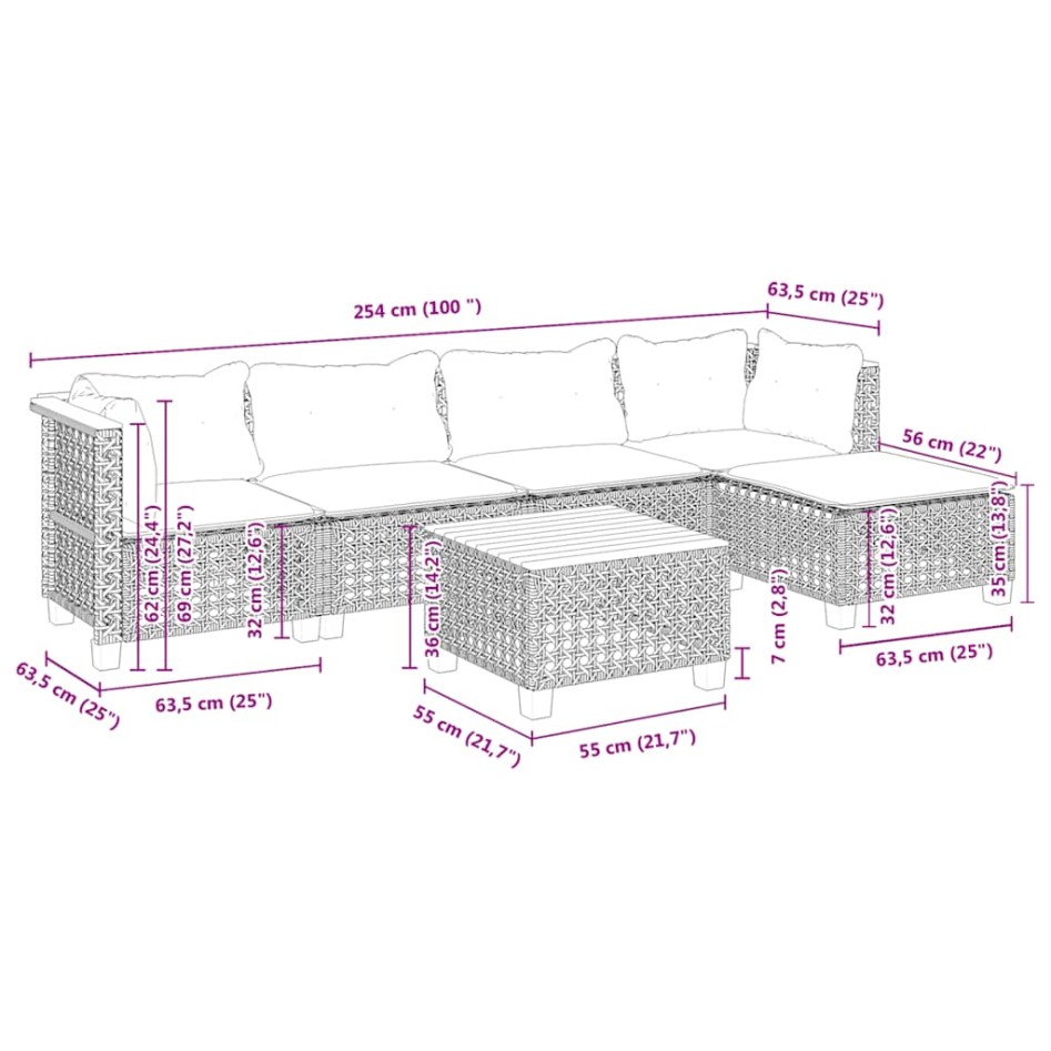 Juego de sofás jardín con cojines 6 pzas ratán sintético