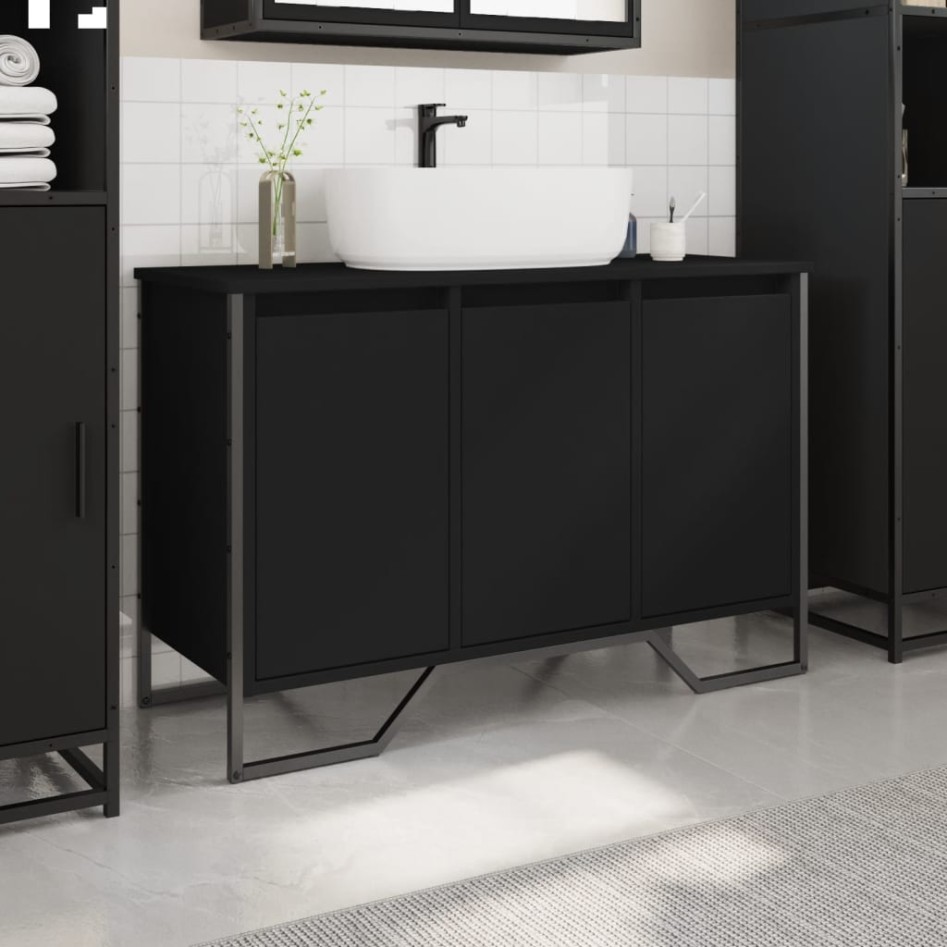 Armario de lavabo de baño madera ingeniería negro 91x35x60
