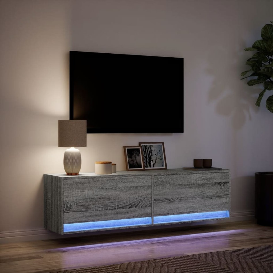 Mueble de TV de pared con luces LED gris Sonoma 140x31x38