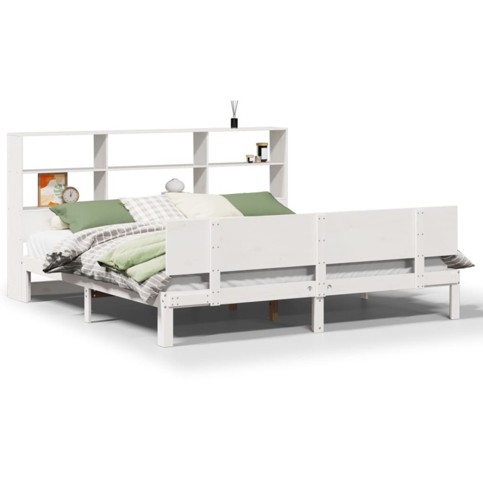 Cama con estantería sin colchón madera maciza blanca 200x200